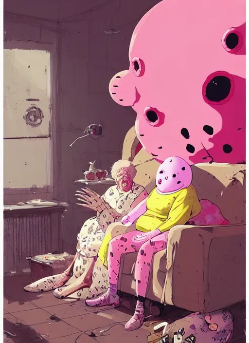 Image similar to mr blobby visiting his gran, by greg rutkowski, by greg, tocchini, by james gilleard, by joe fenton, by kaethe butcher, gradient yellow, pink, brown and white color scheme, grunge aesthetic!!! ( ( silly background ) )