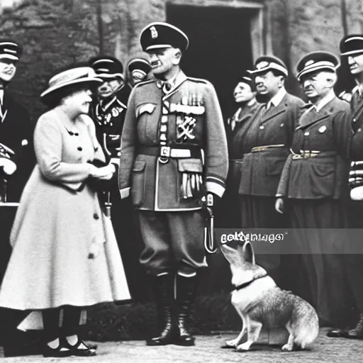 Image similar to ultra wide 1 9 4 6 historical photo 1 3 5 mm of a single german general signing a peace treaty, a young queen elizabeth holds a corgi and watches the general sign the treaty, french village interior, highly detailed, sharp focus