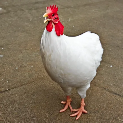 Prompt: a chicken disguised as a human being