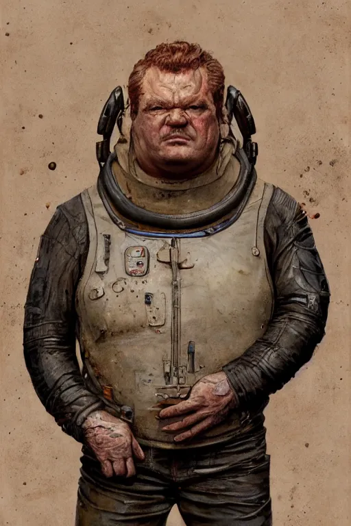 Image similar to upper body portrait of josh brolin as baron harkonnen, wearing old tattered leather spacesuit, dystopian science fiction, dark, horror, illustration by norman rockwell, hans baluschek, artstation character art, dynamic expression, john william waterhouse, concept art, greg rutkowski