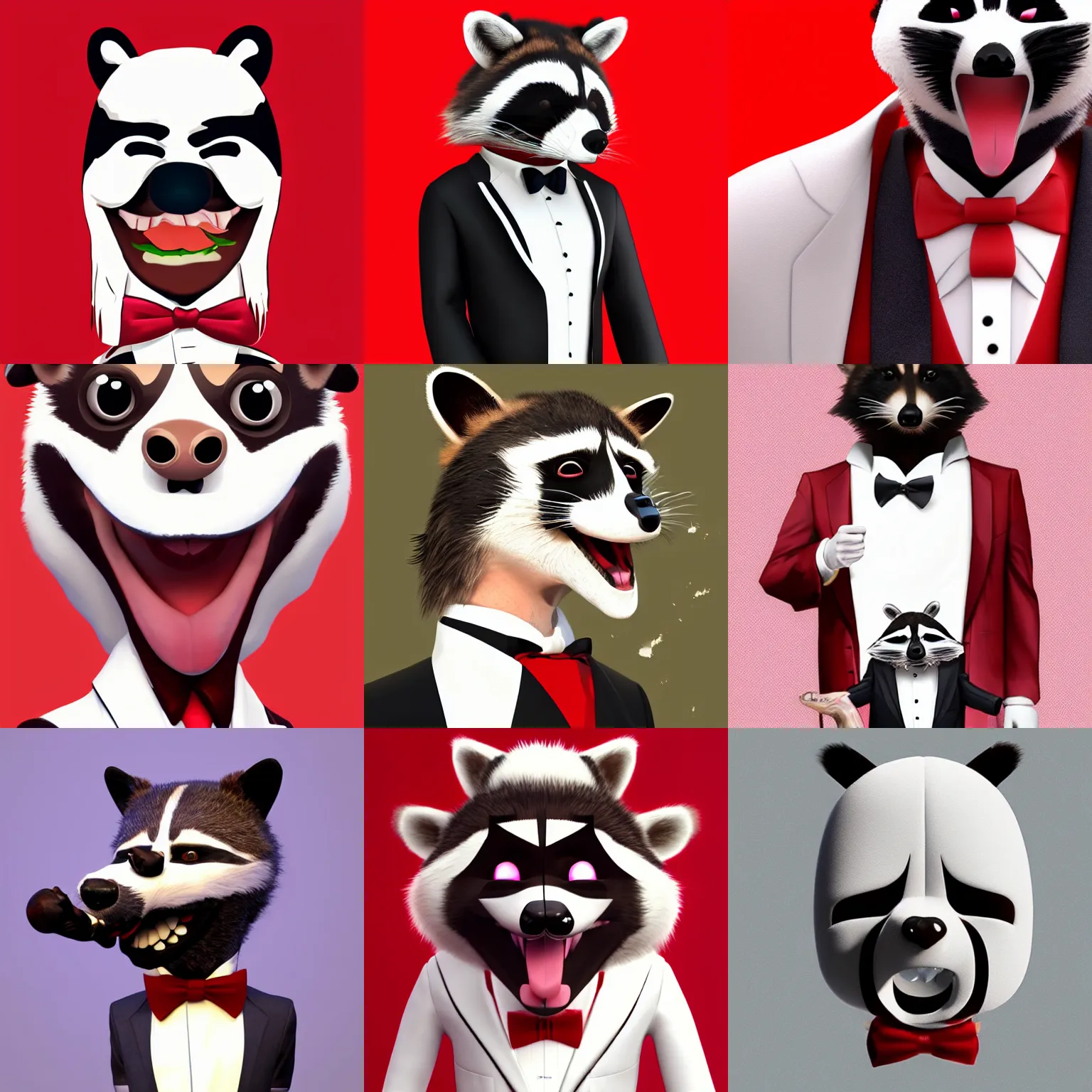 Prompt: A person with a raccoon head, tongue sticking out, neck visible, mouth closed, wearing a white tuxedo, artstation, red background