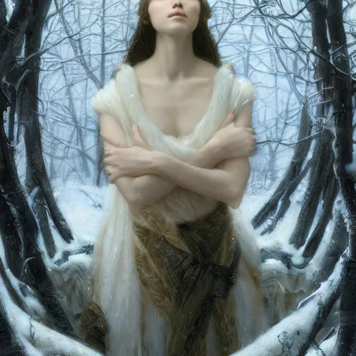 Image similar to winter, masterpiece by Edgar Maxence and Ross Tran and Michael Whelan, 8k, octane render