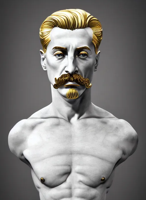 Prompt: a statue made of white marble with gold veins, of josef stalin, transhumanism, full body shot, perfect symmetrical body, perfect symmetrical face, hyper realistic, hyper detailed, by johannen voss, by peter kemp, by monia merlo, by michelangelo, by ernst haeckel, by alex grey, octane render, blender, 8 k