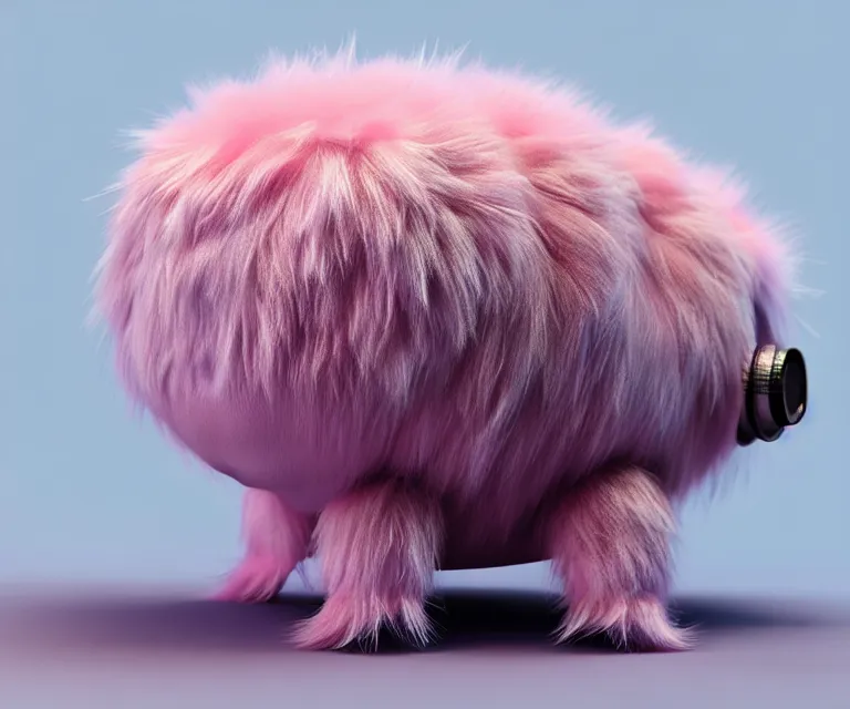 Image similar to high quality 3 d render hyperrealist very cute small tardiradiant, plush mascot, short spiky dense fluffy smooth hair, photo from the side, pink fluffy fur, 1 5 0 mm, beautiful natural soft light, rim light, vray, smooth background, artstation, ultra detailed