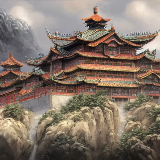 Image similar to dynamic composition, motion, ultra-detailed, incredibly detailed, a lot of details, amazing fine details and brush strokes, colorful and grayish palette, smooth, HD semirealistic anime CG concept art digital painting, watercolor oil painting of epic castle gate, from Three Kingdoms, by a Chinese artist at ArtStation, by Huang Guangjian, Fenghua Zhong, Ruan Jia, Xin Jin and Wei Chang. Realistic artwork of a Chinese videogame, gradients, gentle an harmonic grayish colors.