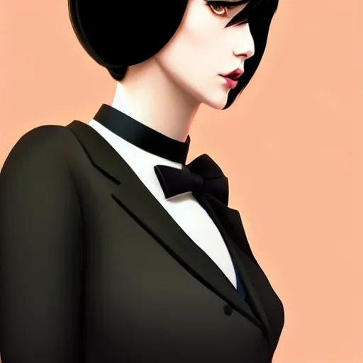 Image similar to aristocrat young female in black tuxedo, scornful, disdainful, muted colors, matte print, pastel colors, 2d, ultra highly detailed, smooth, sharp focus, digital art, digital painting, fan art, elegant, artstation, head is centered, by Ilya Kuvshinov