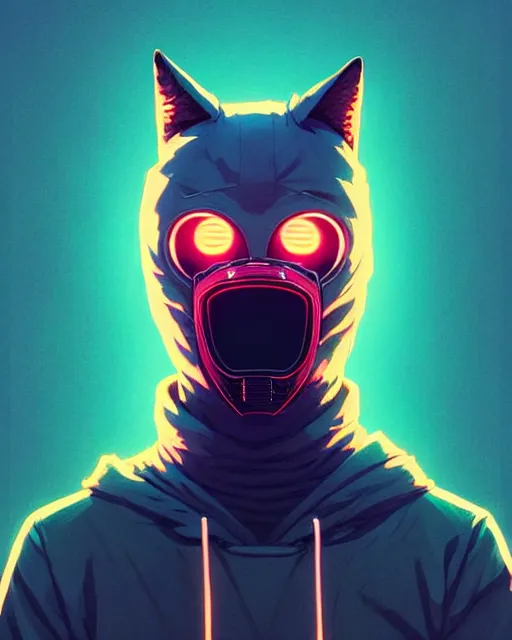 Image similar to synthwave, hyper - realistic portrait of a man in a hoodie, with kitsune mask, intricate, 4 k, by atey ghailan, by greg rutkowski, by greg tocchini, by james gilleard, by joe fenton, by kaethe butcher, dynamic lighting, lighting color scheme, sharp focus, grunge aesthetic