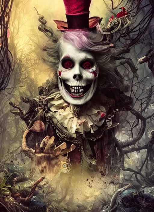 Image similar to Alice in Wonderland Mad Hatter Death Tarot card,highly detailed,half skull face,cinematic,8k,by Stanley Artgermm,Tom Bagshaw,Greg Rutkowski,Carne Griffiths, Ayami Kojima, Beksinski, Giger,Anne Stokes, Benjamin Lacombe, Naoto Hattori,trending on DeviantArt,hyper detailed,horror, full of colour