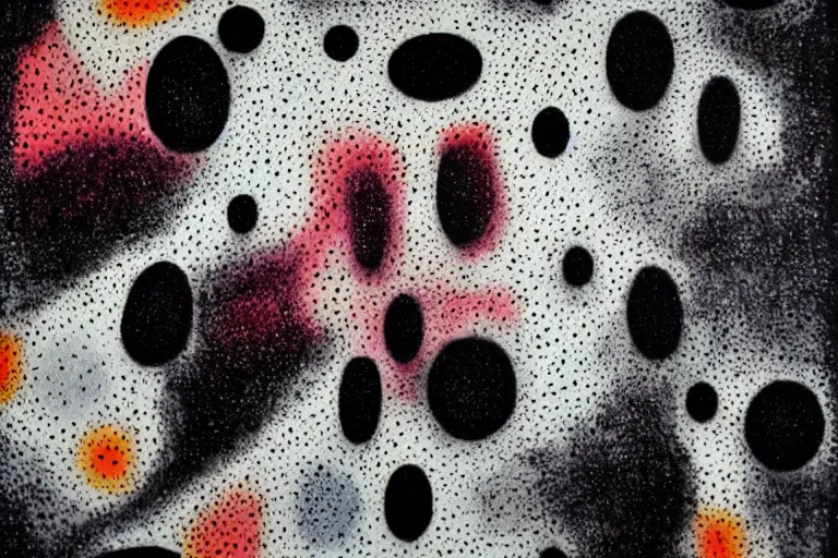 Image similar to anxiety, faceless people dark, dots abstract, dripping, stipple, pointillism, technical, abstract, minimal, style of francis bacon, asymmetry, pulled apart, stretch, cloak, eerie, made of dots, abstraction chemicals, balaclava mask, colored dots, sploch