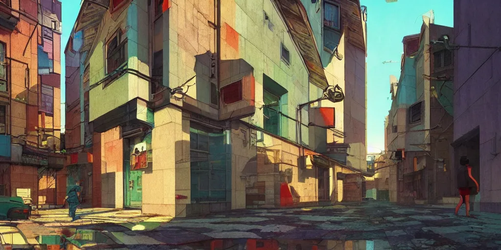 Image similar to neo brutralism, concrete housing, concept art, colorful, vivid colors, light, shadows, reflections, oilpainting, cinematic, 3D, in the style of Akihiko Yoshida and Edward Hopper