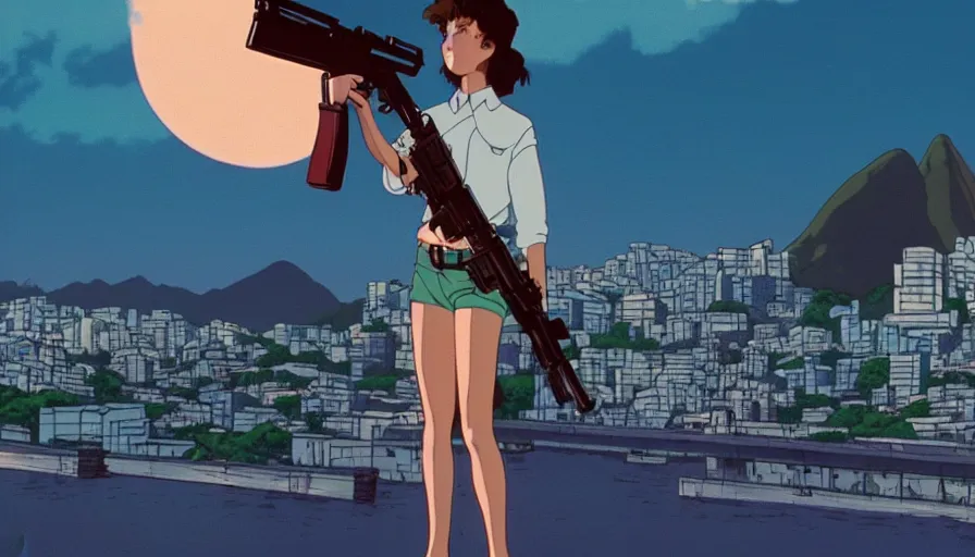 Image similar to 1 9 8 6 movie screencap of a girl with a gun on a rio de janeiro, gucci clothes, studio ghibli sky, beautiful favela background extremely utra high quality artwork 8 k