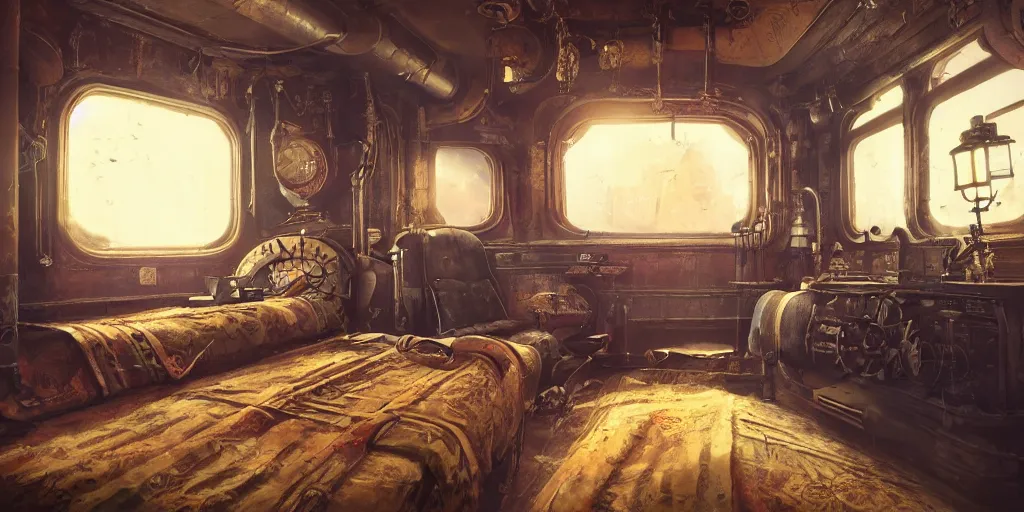 Prompt: steampunk train bedroom interior, colorful, contrast, depth of field, 3 d scene, render, greg rutkowski, zabrocki, karlkka, jayison devadas, trending on artstation, 8 k, ultra wide angle, zenith view, pincushion lens effect