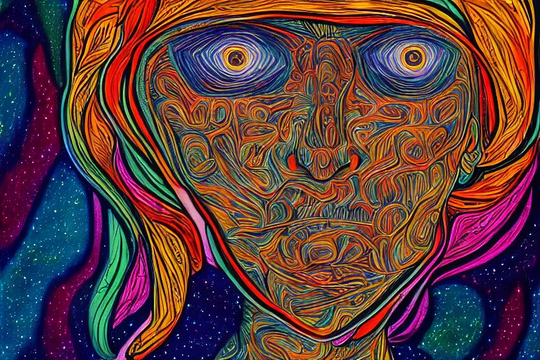 Image similar to a portrait of an astronaut in the style of alex grey,