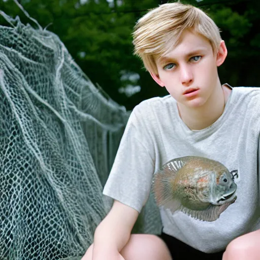 Image similar to Portrait of a sad looking teenage boy, around 20 yo, natural blonde hair and smooth pale skin. Fisher net tank top, Award winning photograph.