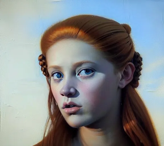 Prompt: greg manchess portrait painting of ginger beautiful princess as game of throne character, medium shot, asymmetrical, profile picture, organic painting, sunny day, matte painting, by greg rutkowski, by greg tocchini, by james gilleard, by joe fenton, dynamic lighting, gradient light blue, brown, blonde cream and white color scheme, grunge aesthetic