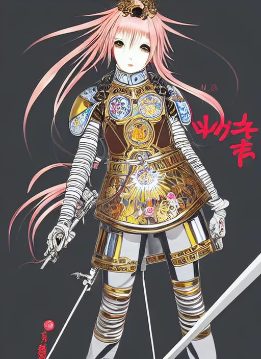 Image similar to takashi murakami, ilya kuvshinov, anime female knight in. ornate armor by, last exile, murata range, fine detail, perfect, dramatic lighting, dynamic composition, art deco, cel shading, vivid, rich texture, alphonse mucha, ( ( ( colorful ) ) ), ( ( ( yoshinari yoh ) ) ),