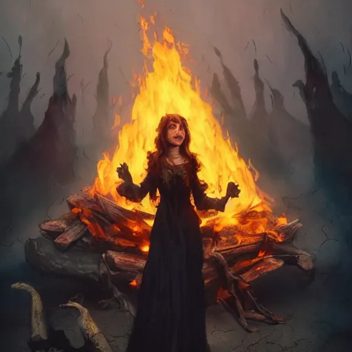 Image similar to witch stands on a fire burning pyre of bones, surrounded by flames, artstation