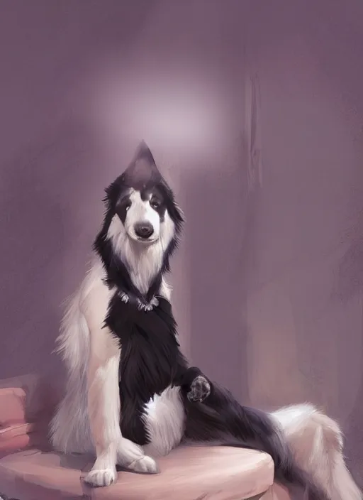 Prompt: wide angle beautiful full body portrait of a strong male anthropomorphic anthro border collie fursona sitting in a parlor room, character design by charlie bowater, henry asencio, and ross tran, disney, scenic background, detailed, aesthetic, trending on artstation, furaffinity, deviantart