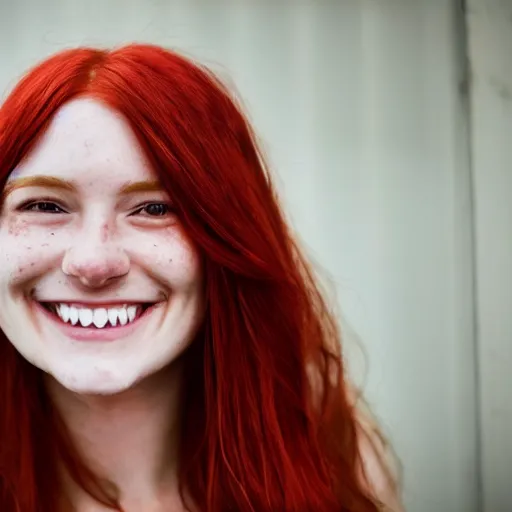 Image similar to a cute red-haired female with freckles, smiling, hyperrealistic