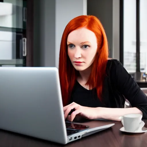 Prompt: a redhead woman stalking someone on her computer