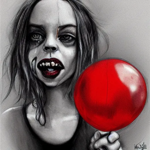 Image similar to surrealism grunge cartoon portrait sketch of billie eilish with a wide smile and a red balloon by - michael karcz, loony toons theme, pennywise theme, horror theme, detailed, elegant, intricate