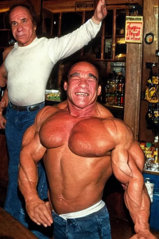 Prompt: danny devito with a buff arnold schwarzenegger body flexing in paddy's pub