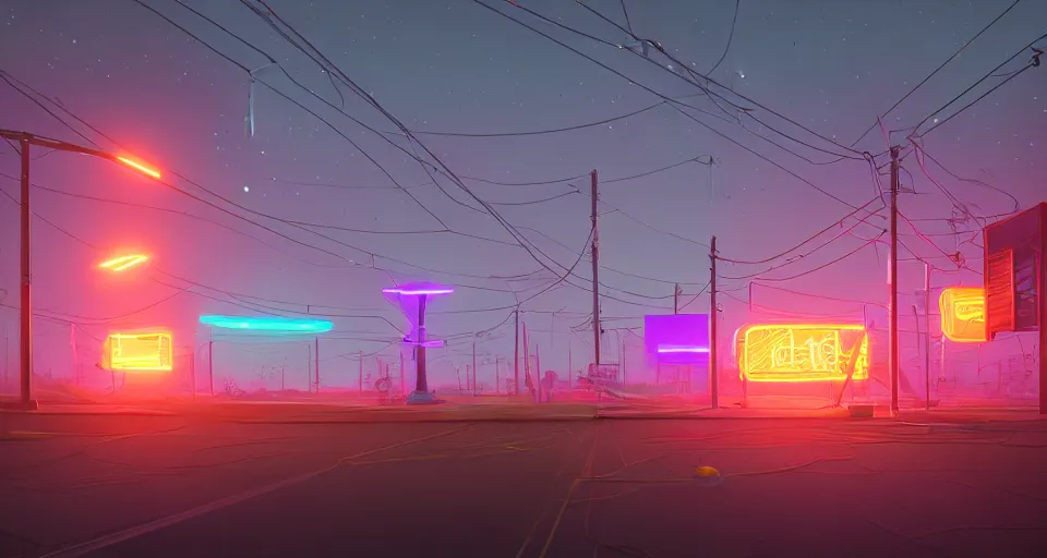 Image similar to Various Neon tube lights over a surreal landscape, rendered by simon stålenhag, rendered by Beeple, Makoto Shinkai, syd meade, environment concept, digital art, unreal engine, 3 point perspective, WLOP, trending on artstation, low level, 4K UHD image, octane render,