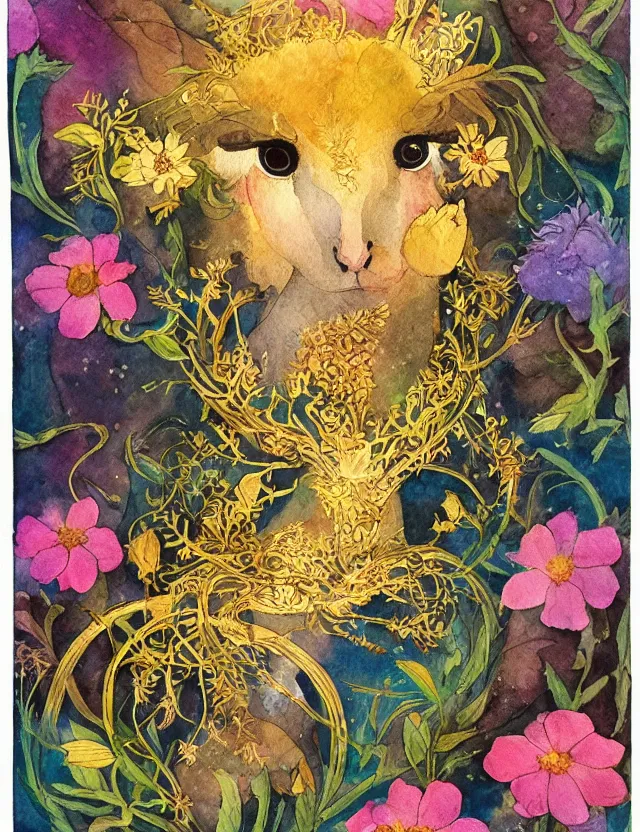 Prompt: animal god of light and flowers. this watercolor and goldleaf work by the beloved children's book illustrator has interesting color contrasts, plenty of details and impeccable lighting.