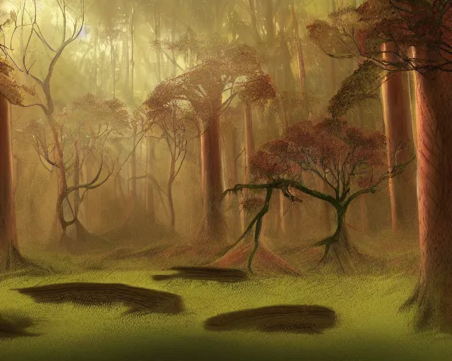 Image similar to deciduous forest in a humid subtropical climate with red clay soil, award winning fantasy concept art