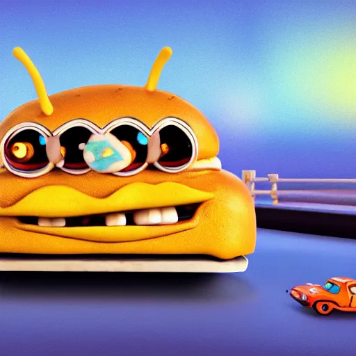 Prompt: hamburger car from Spongebob, volumetric lighting, Pixar animation, artwork by picasso