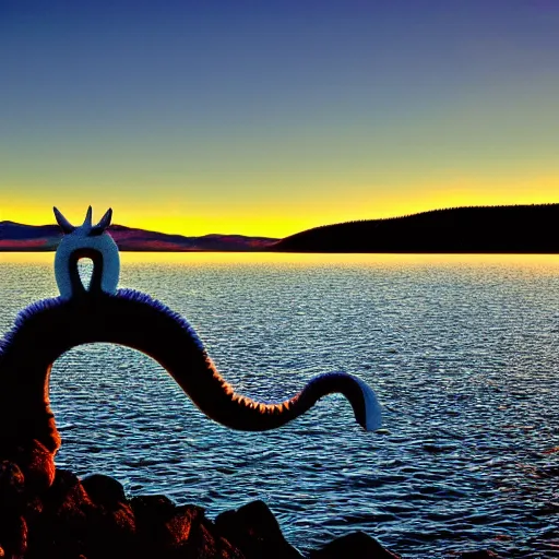 Image similar to nessie at lake tahoe from far off, crystal bay california, professional photography, sunset