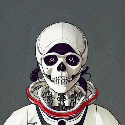 Image similar to anime manga skull portrait young woman skeleton, astronaut, astronaut helmet, intricate, elegant, highly detailed, digital art, ffffound, art by JC Leyendecker and sachin teng