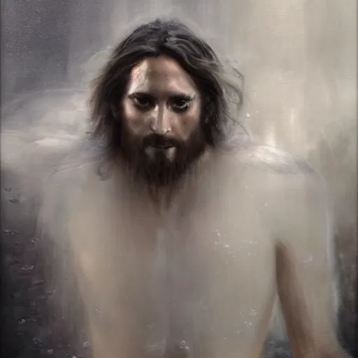 Prompt: painting of Jesus wading through a murky pool in a dark cave, surrounded by a vivid silver light, flowing royal robes with goly inlay, blood dripping from his hair, stern expression with a chiseled jaw and fiery eyes, by Jeremy Mann, stylized, detailed, realistic, loose brush strokes, intricate, cold