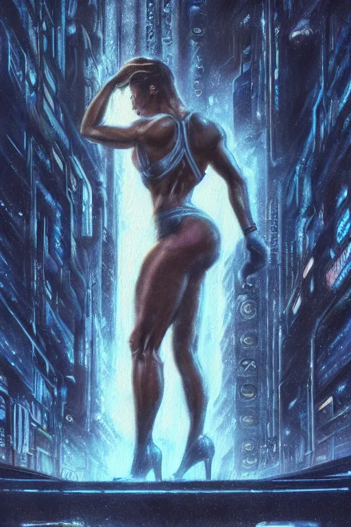 Image similar to body builder, extremely muscular madison beer, in the style of johan grenier and john picacio and alan m. clark, trending on artstation, bioluminescence tilt - shift blade runner 2 0 4 9, crayon art, futuresynth, splash art, post - minimalism