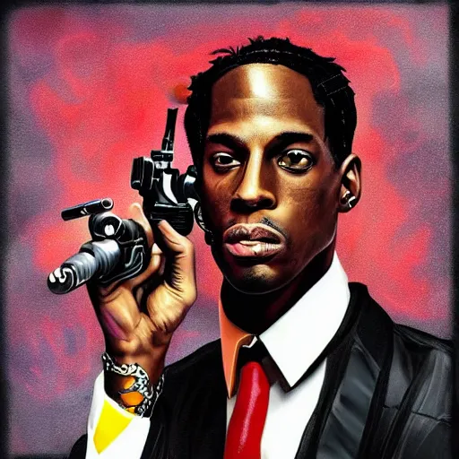 Image similar to travis scott as a agent 0 0 7, digital painting, album cover art, trending on artstation, hyperdetalied,