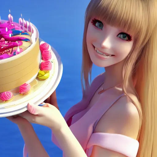 Image similar to Render of a beautiful 3d anime woman holding a birthday cake to show the camera, long light pink hair, full bangs, hazel eyes, cute freckles, full round face, smug smile, Chinese heritage, cute checkerboard sundress, golden hour, serene beach setting, medium shot, mid-shot, hyperdetailed, trending on Artstation, Unreal Engine 4k