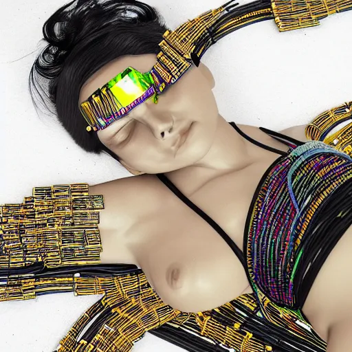 Image similar to tapping in to something greater, piles of modular synth cables, goddess laying down wearing a headpiece made of circuit boards in a photo shoot for balenziaga, wlop, stanley kubrick, masamune, hideki anno, unique perspective, eastman color, perfect details, trending on artstation, 3 d render, smooth render