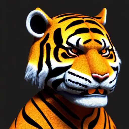 Image similar to portrait of an anthropomorphic tiger wearing a black suit, ultra detail, ultra realistic, soft fur, ssao 8 k, horror