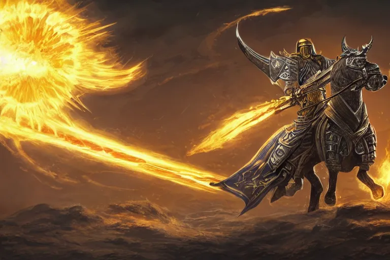 Image similar to an ultra detailed portrait of saladin as a warhammer paladin charging into battle wearing bright gold armor and huge flaming longsword blessed by god, epic anime fantasy, 8 k, volumetric lighting, smooth, highly detailed, digital illustration, art by kentaro miura and akira toriyama and artgerm