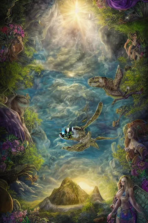 Prompt: A fantasy book style portrait painting of the Great Turtle Island at the center of the Universe, accompanied by a hybrid of, Anya_Taylor-Joy, Cory Chase, as a Mystical Valkyrie, Anubis-Reptilian, Atlantean Warrior, Cozy, hotspring hidden in a Cave, candlelight, towels, cushions, natural light, lush plants and flowers, elegant, smooth cave rock, fantasy, atmospheric lighting, digital painting, François Boucher, Oil Painting, Crisp clear resolution, unreal 5, DAZ, hyperrealistic, octane render, Regal, Refined, Detailed Digital Art, RPG portrait, William-Adolphe Bouguereau, Michael Cheval, Walt Disney (1937), Steampunk, Volumetric Golden dappled dynamic lighting, Highly Detailed, Cinematic Lighting, Unreal Engine, 8k, HD