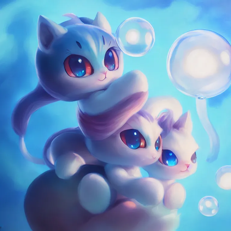 Image similar to cinematic portrait of cute Mew riding large blue bubble, oil on canvas, masterpiece, trending on artstation, featured on pixiv, cinematic composition, dramatic pose, beautiful lighting, sharp, details, hyper-detailed, HD, HDR, 4K, 8K