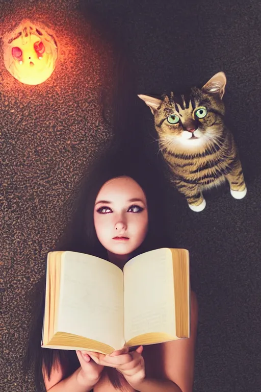 Image similar to photo of very cute and bright girl, her cat and her book of necronomicon, symmetrical, cinematic, real dlsr photography, sharp focus, 4 k, ultra hd, sense of awe, sinister demonic atmosphere, dreadful, horror journal cover