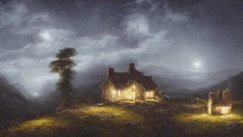 Prompt: A singular rotting cottage on a mountaintop at night, by Lee Madgwick, hyperrealistic, Octane 8k UHD