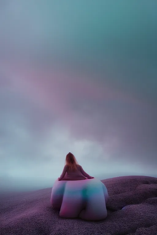 Image similar to high quality pastel coloured film close up wide angle photograph of a model wearing clothing resting on cloud furniture in a icelandic black rock!! environment in a partially haze filled dreamstate world. three point light, rainbow. photographic production. art directed. pastel colours. volumetric clouds. pastel gradient overlay. waves glitch artefacts. extreme facial clarity. 8 k. filmic.