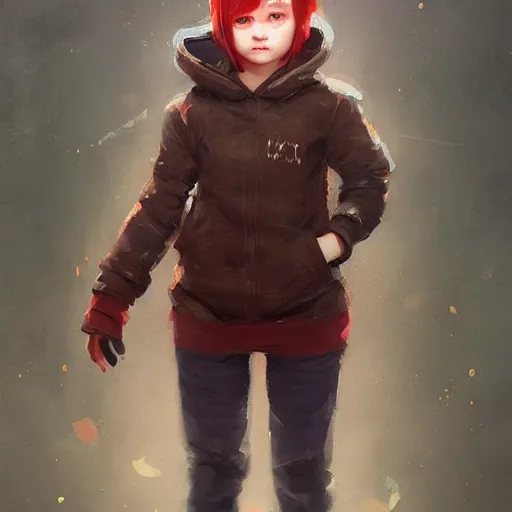 Image similar to a cute tiny girl with short red hair wearing a hoodie, digital art, very beautiful face, pretty face, very detailed eyes, full body illustration, 8 k resolution, soft painting, by greg rutkowski, wlop, rossdraws,