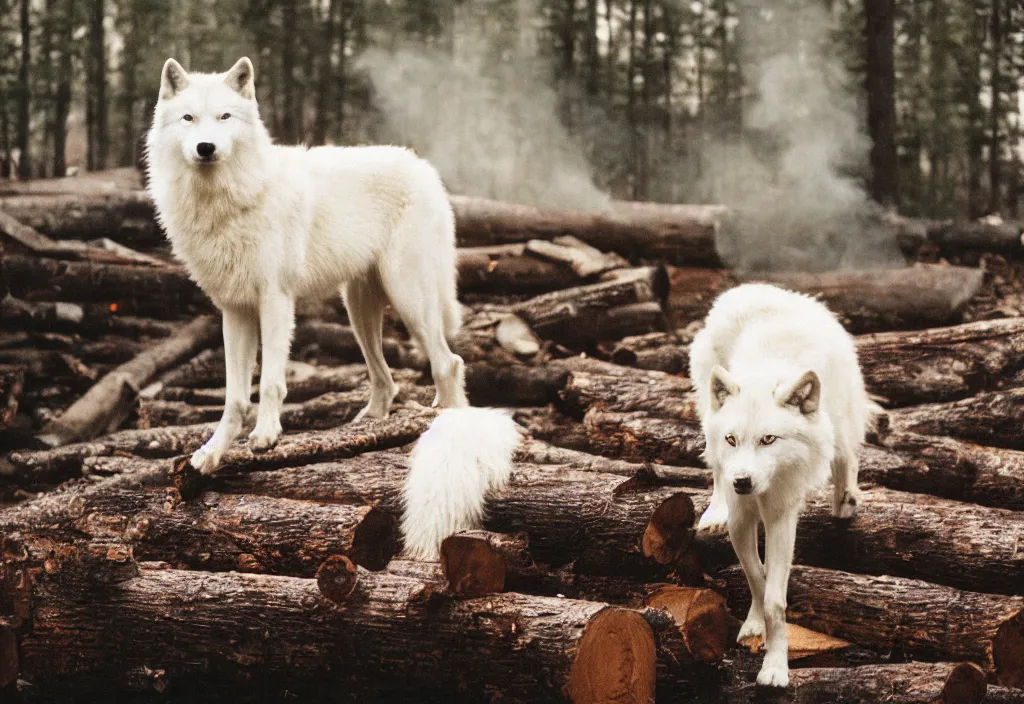 Image similar to lomo photo of a white wolf in front of a burning log cabin, cinestill, bokeh, out of focus