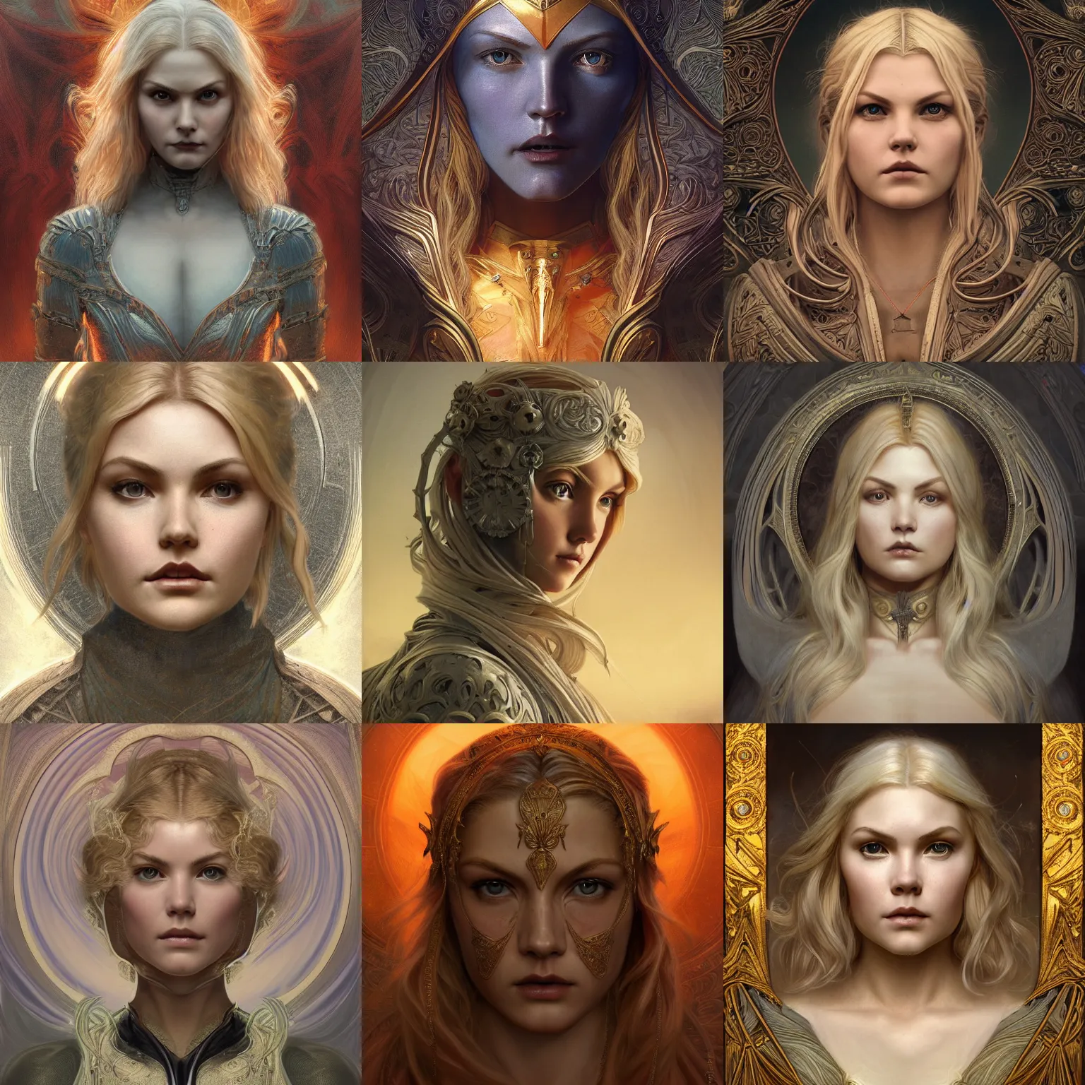 Prompt: masterpiece head-on symmetrical centered portrait, Elisha Cuthbert as a paladin, blonde hair, art nouveau, gothic, victorian, elegant, distant, in the style of Edgar Maxence and Ross Tran and Zdzisław Beksiński and Michael Whelan and Gustave Doré, specular highlights, 8k, octane render