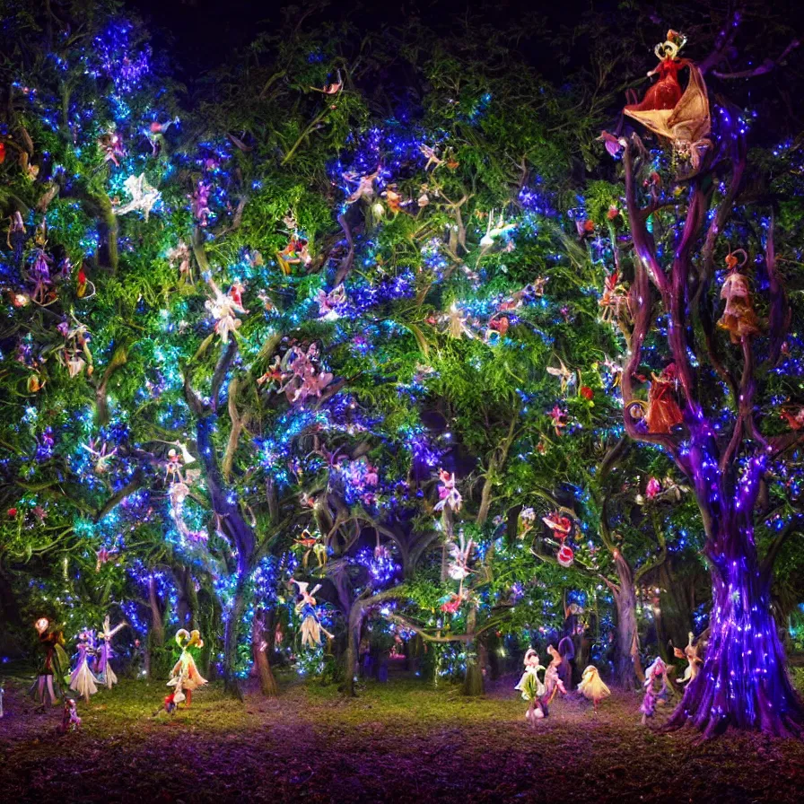 Image similar to photography award of a night carnival fairies around a magical tree, christmas lights, creatures and fantastic people disguised as fantastic creatures in a magical forest by summer night, masterpiece photography by gregory crewdson and john anster fitzgerald, volumetric lightning