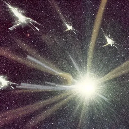 Image similar to spaceship guns shooting multiple tracers in space near earth, realistic photo from nasa