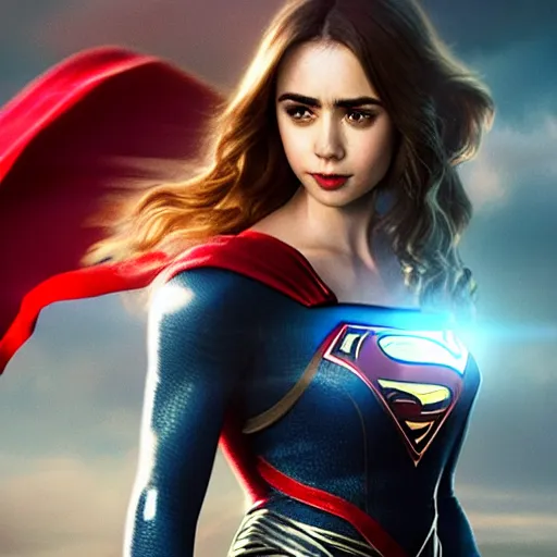 Image similar to a potrait of Lily Collins as Supergirl with man of steel suit style by Greg Rutkowski, Sung Choi, Mitchell Mohrhauser, Maciej Kuciara, Johnson Ting, Maxim Verehin, Peter Konig, 8k photorealistic, cinematic lighting, HD, high details, dramatic, trending on artstation, full body shot